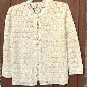 Women’s Cardigan Openwork Crochet Knit VTG From Greece ECRU Button Up Front- - L